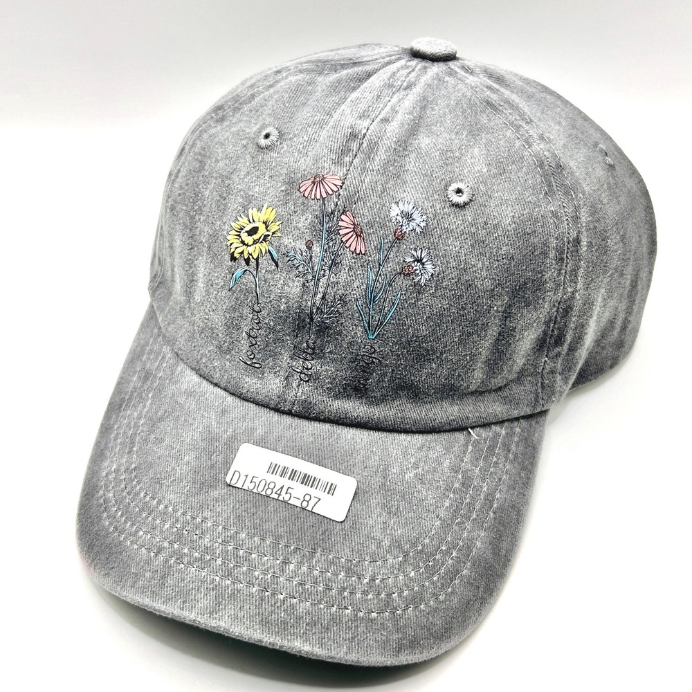 Wildflower Floral Baseball Cap Women OS Grey Acid Embroidered Hat Adjustable